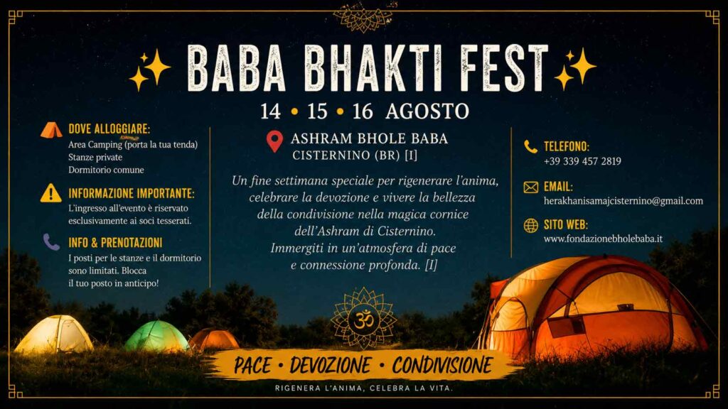 Baba Bhakti Fest 2026 all'Ashram Bhole Baba di Cisternino con informazioni su alloggi e prenotazioni